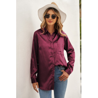 Wine Satin Button Shirt with Pocket