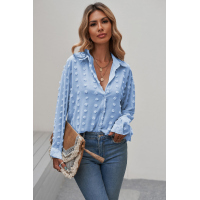 Sky Blue Long Sleeve Button Fuzzy Polka Dot Shirt