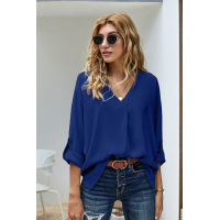 Royal Blue V Neck 3/4 Sleeve High Low Hem Shirt