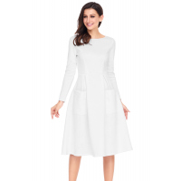 White Bateau Collar Casual Big Pocket Skater Dress