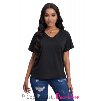 Black V Neck Short Sleeves Cotton Blend Tee with Front Pocket and Side Slits