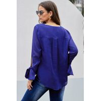 Blue V Neck Ruched Tie Sleeve Top