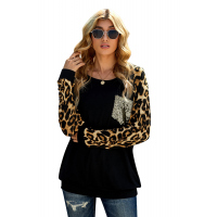 Black Round Neck Leopard Print Sequin Long Sleeve Top