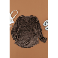 Brown V Neck Roll-tab Sleeve Velvet Top