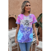 Pink Bee Happy Graphic Tie-dye Cotton Blend Tee