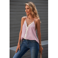 Pink Lace V Neck Stitching Tank Top