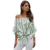 Green Tie Dye Plaid Off Shoulder Blouse