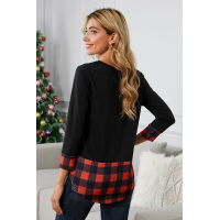 Christmas Letter Print Red Plaid Cuffs and Hem Long Sleeve Top