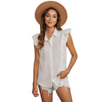 White Sleeveless Button Closure Ruffled Linen Shirt 