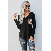 Black Leopard Patch Pocket Long Sleeve Top