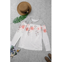 White Floral Striped Print Long Sleeve Top