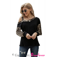 Dew Shoulder Leopard Stitching Long-sleeved Blouse