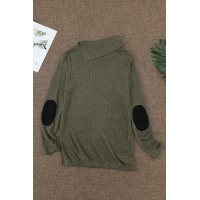 Army Green Buttoned Neck Knit Long Sleeves Top