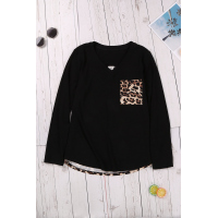 Black Leopard Patch Pocket Long Sleeve Top