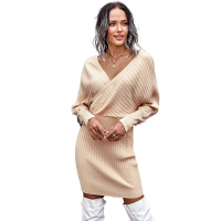 Beige Wrap V Neck Batwing Sleeves Ribbed Sweater Dress