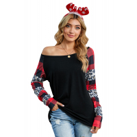 Black Off Shoulder Plaid&Leopard Print Long Sleeve Top