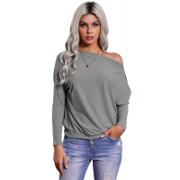 Gray Off Shoulder Ribbed Texture Raglan Long Sleeve Top