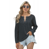 Gray V Neck Washed Grommet Top