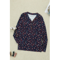 Navy Button V Neck Long Sleeve Floral Top