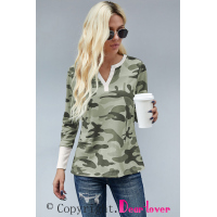 Long Sleeve Cutout V Neck Camo Top