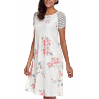 White Backdrop Floral Print A-line Loose T-shirt Dress