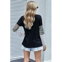 Black Camo Stripes Patchwork Long Sleeve Top with Pocket