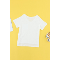 White V Neck Short Sleeves Cotton Blend Tee with Front Pocket and Side Slits