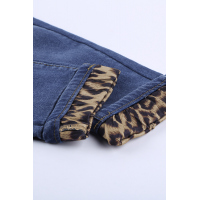 Blue Hollow Out Leopard Patchwork Distressed Jeans 