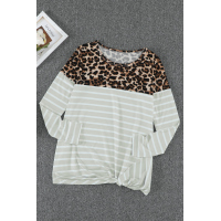 Leopard Print Splicing Apricot Striped Long Sleeve Top with Front Twist 