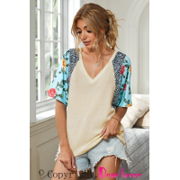 Blue Floral Leopard Half Sleeve Waffle Top