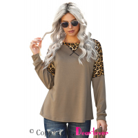 Khaki Leopard Stitching Long Sleeve Top