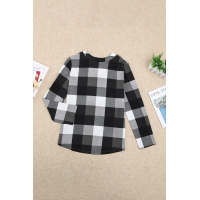 Gray Contrast Plaid V Neck Long Sleeve Top