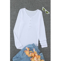 White Scoop Neck Buttoned Front Long Sleeve Knitted Top