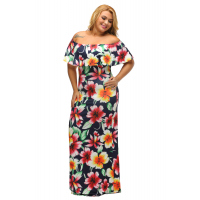 Navy Blue Roses Print Off-the-shoulder Maxi Dress