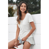 White Scoop Neck Buttoned Front Ribbed Knit Short Sleeve Top