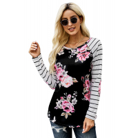 Floral Striped Elbow Patch Baseball Long Sleeve Top