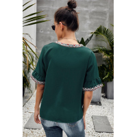 Green Boho Floral V Neck Casual Blouse