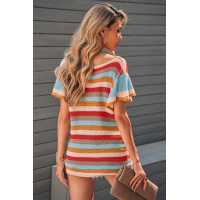 Multi-color Striped Ruffle Short Sleeve Knit Top