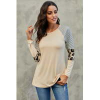 Khaki Striped and Leopard Color Block Sleeves Top