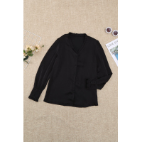 Black Frilled V Neckline Buttoned French Shirt