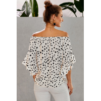 White Polka Dot 3/4 Bell Sleeve Off Shoulder Front Tie Knot Top