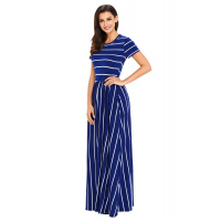 White Striped Navy Short Sleeve Maxi Dress