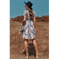 Gray Floral Print Short Sleeve Pleated Mini Dress