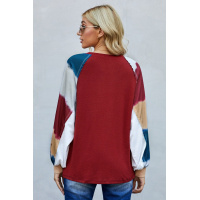 Red Lantern Sleeve Color Block Pullover Loose T-shirts