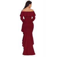 Burgundy Lantern Sleeve Asymmetric Ruffle Hem Prom Dress