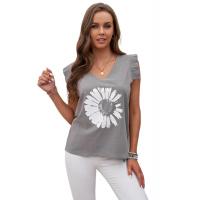 Gray V-Neck Daisy Print Casual Tank Top