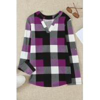 Purple Contrast Plaid V Neck Long Sleeve Top