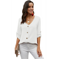 White Button Detail Roll Up Sleeve Blouse