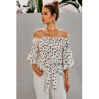 White Polka Dot 3/4 Bell Sleeve Off Shoulder Front Tie Knot Top