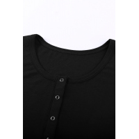 Black Scoop Neck Buttoned Front Ribbed Knit Short Sleeve Top